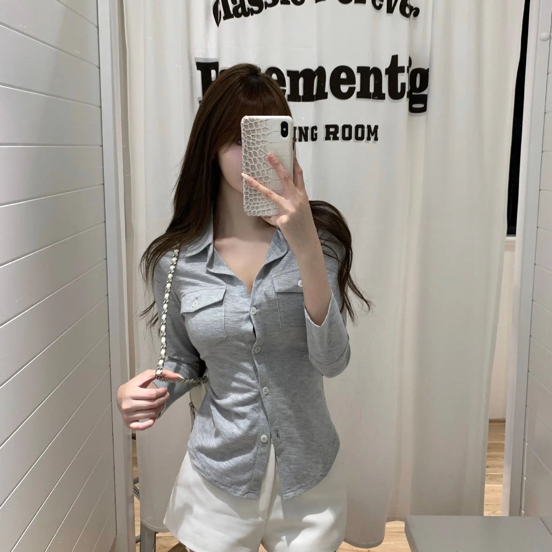 POLO Neck Long-sleeved Shirt for Women in Autumn New Waist-hugging Slim American Sweet and Spicy Top