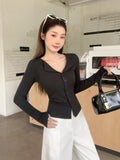 POLO Collar Long-sleeved T-shirt Button Cardigan for Women Korean Autumn Winter Wear Smocked Slim-fitting Bottoming Top