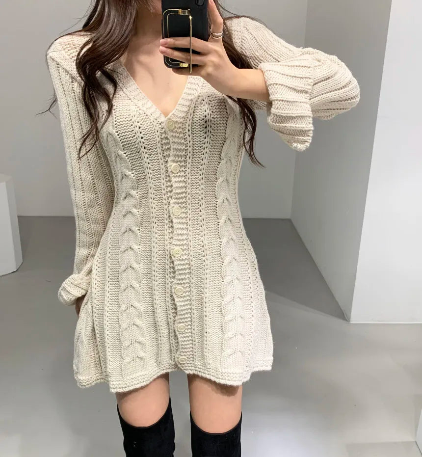 Sweater Dress for Women Long Sleeve Cable Knit Button Down Fitted Mini Dress Teen-girl Fall Winter Retro 90s Outfit