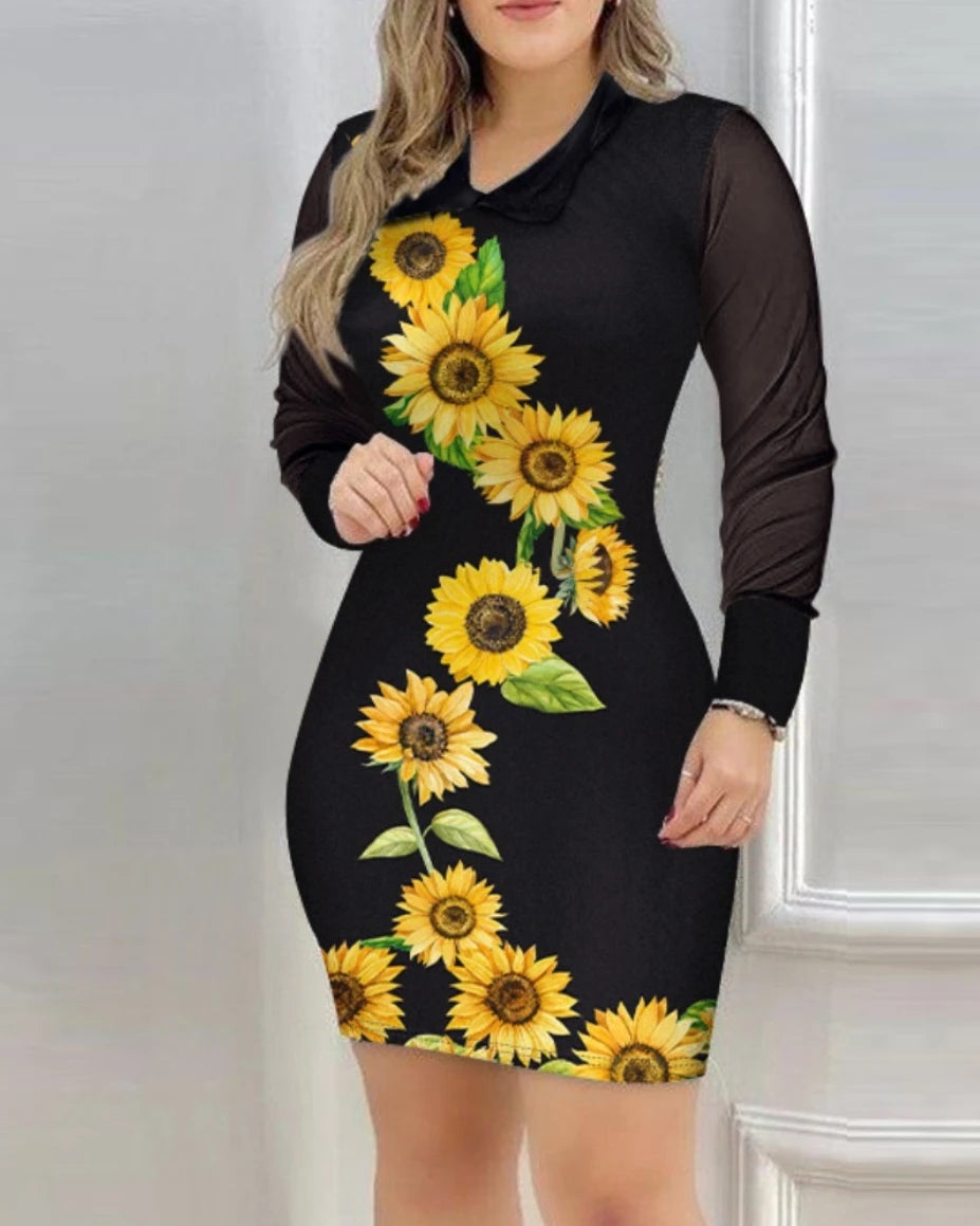 Elegant  Dress For Women Fall Mesh Long Sleeve Turn-down Collar Printed Dress