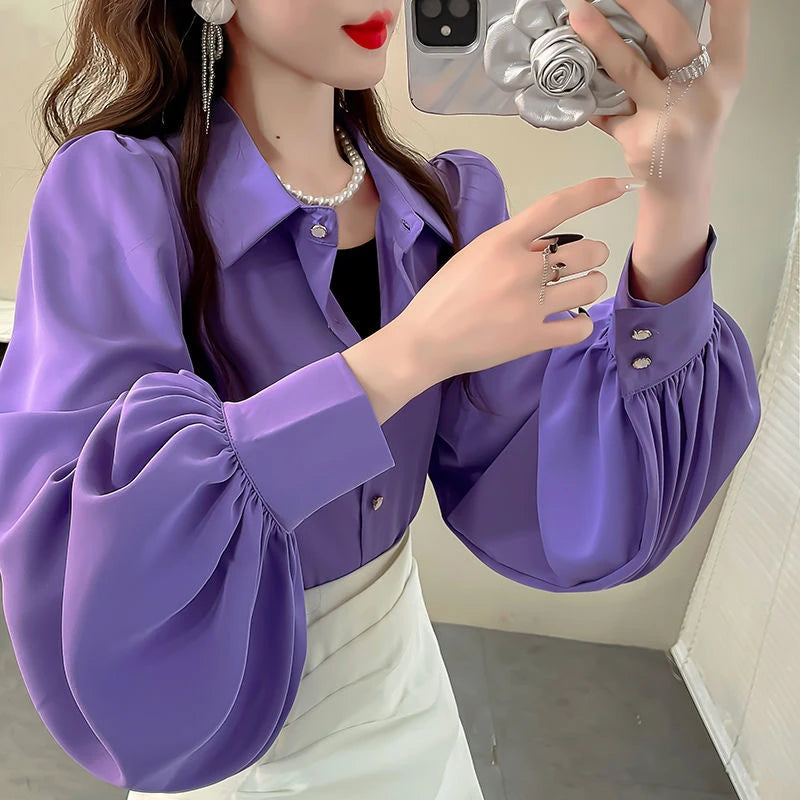 Retro Elegant Women's Long Sleeve Shirt Spring Autumn New Design  Fashionable Top  Collar Loose Fit UV Protection
