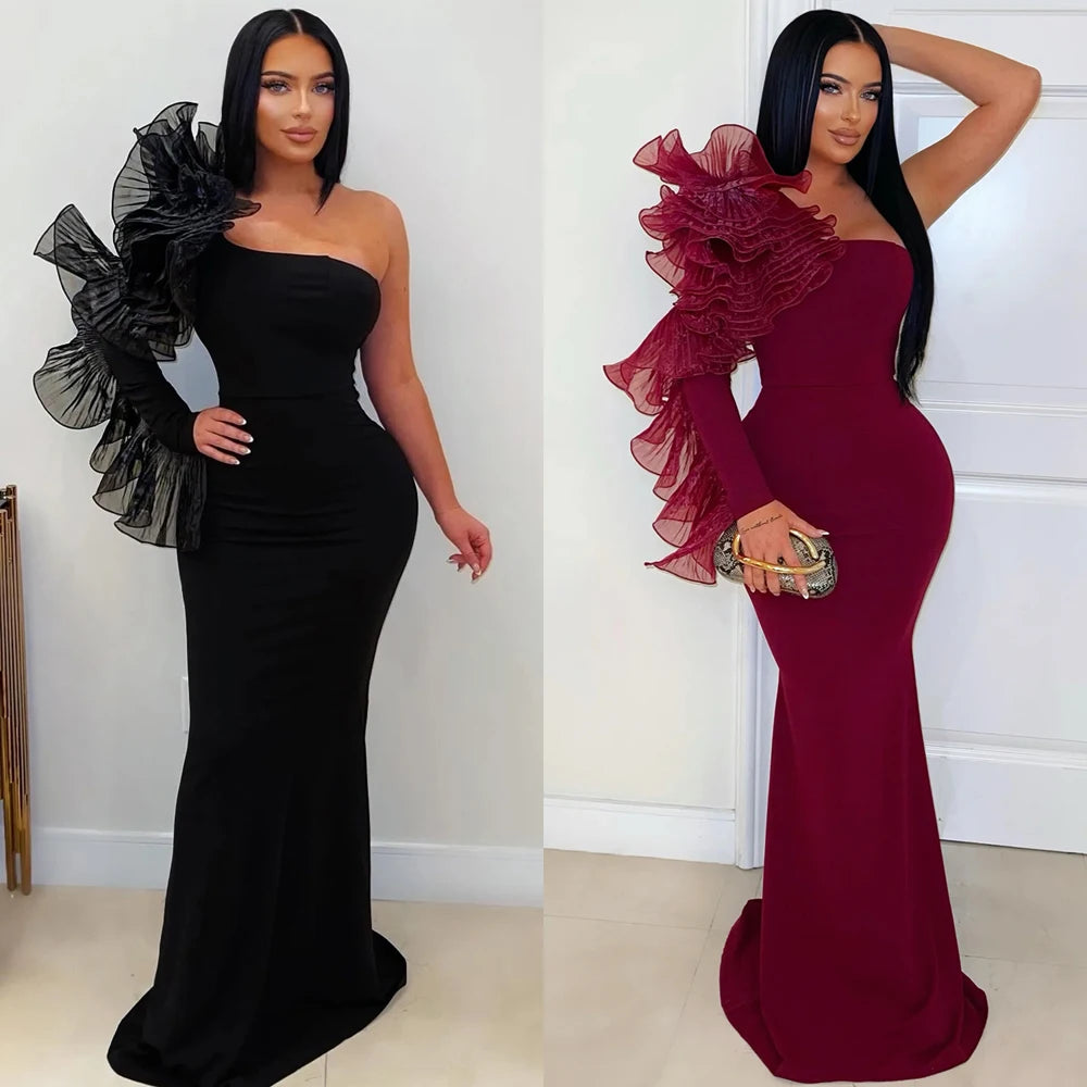 Elegant Women Long Gown Chic 3D Pleated Floral Sleeve Banquet Dress Slash One-Shoulder Asymmetry Slim Evening Dinner Dresses