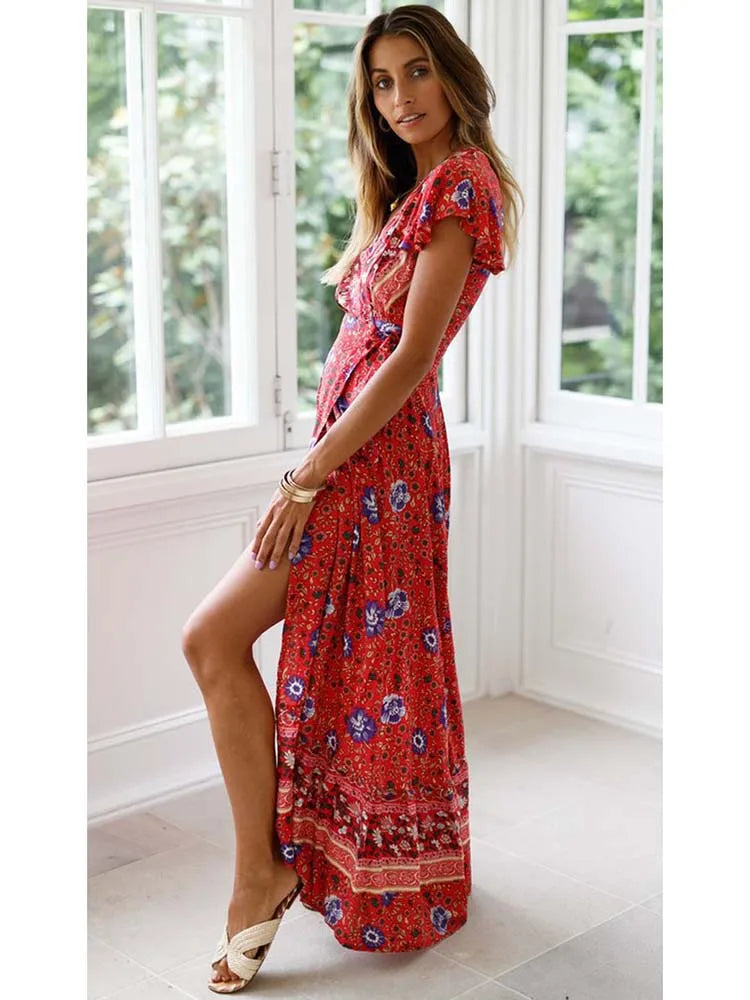 Summer Maxi Dress Women Short Sleeve Casual V Neck Floral Print Boho Beach Long Dress  S~5XL Sexy Split Party Robe
