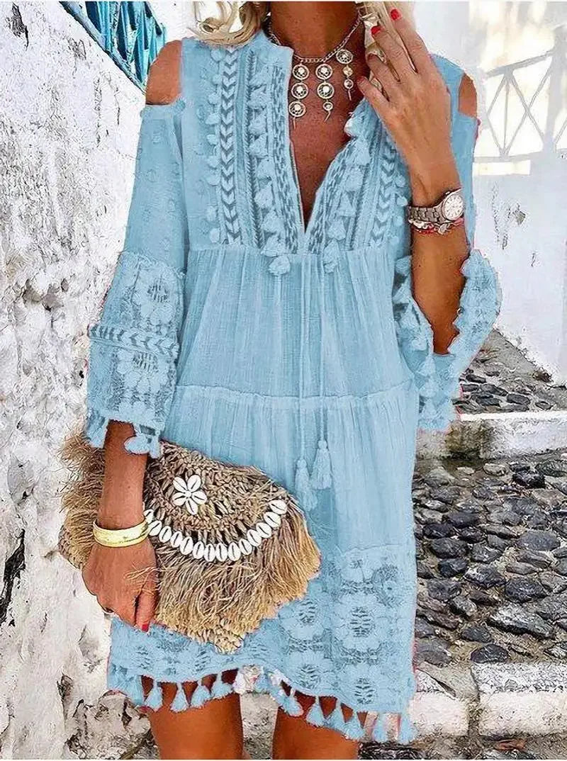 Women Mini Dress V Neck Full Sleeve Short Dress Lace Tassel Bohemian Style Loose Casual Plus Maxi Size Party Night Summer 2024