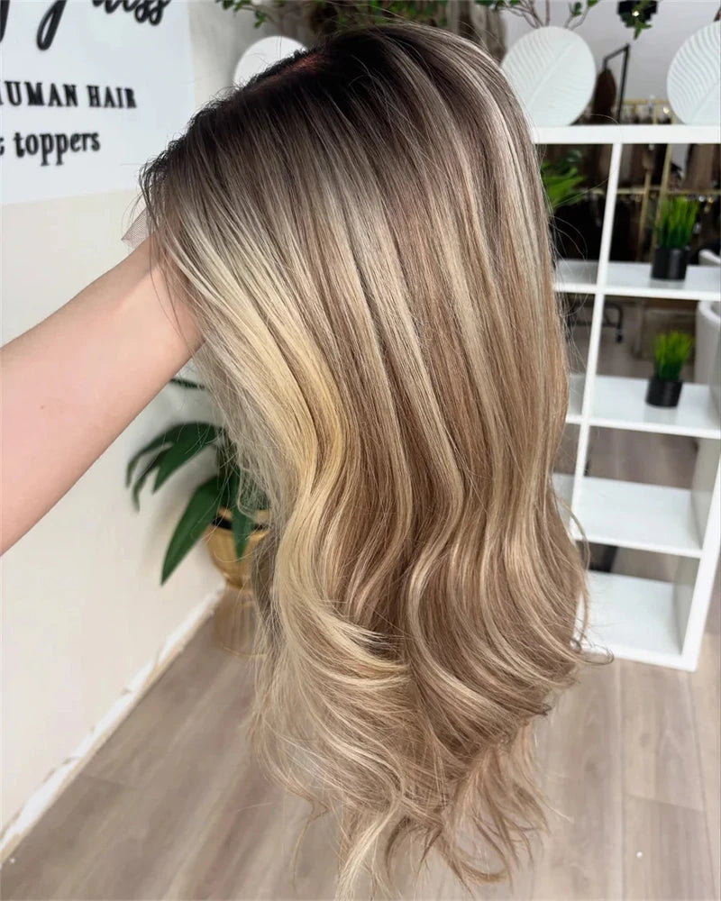 Glueless 13x4 Lace Front Wig Preplucked Brown Blonde Highlight Loose Wave Synthetic Hair for Women Daily Wear