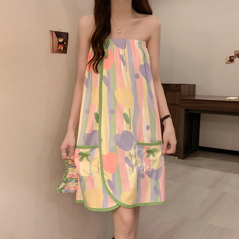 Black Rose Sexy Cotton Bathrobe Women's Chemise Nightgown Home Clothes with Headscarf Summer Thin Knitted Fabric Youth Size