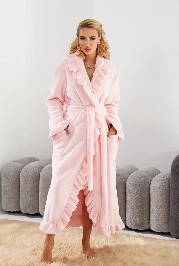 Women's Long Warm Robe Home Wear 2025 Autumn and Winter Coral Velvet Thickened Bathrobe Casual Soft Solid Lace Up Loungewear