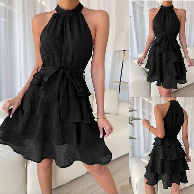 Women's Red Mini Dress Vestidos 2025 Summer Fashion Sexy Style Halter Sleeveless Ruffle Edge Tied Woman Dresses Women Sundress
