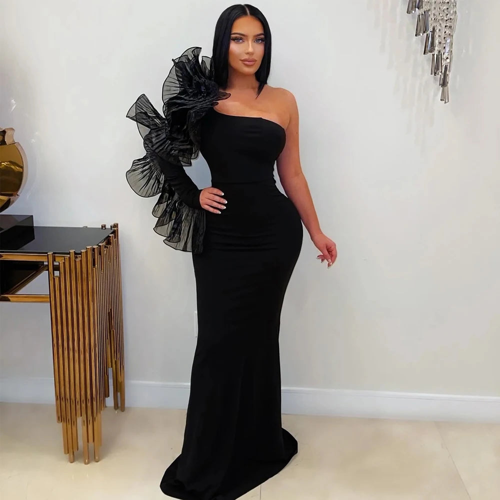 Elegant Women Long Gown Chic 3D Pleated Floral Sleeve Banquet Dress Slash One-Shoulder Asymmetry Slim Evening Dinner Dresses