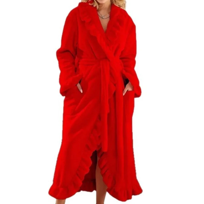 Women's Long Warm Robe Home Wear 2025 Autumn and Winter Coral Velvet Thickened Bathrobe Casual Soft Solid Lace Up Loungewear