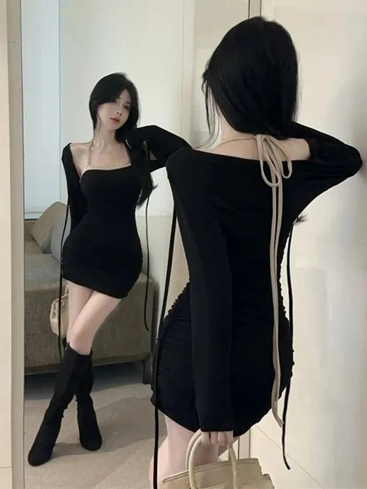 Mini Dress Vestidos De Mujer Elegantes Sexy Suspender Dress Bodycon Black Robe Tunic Design Chic All-match Simple