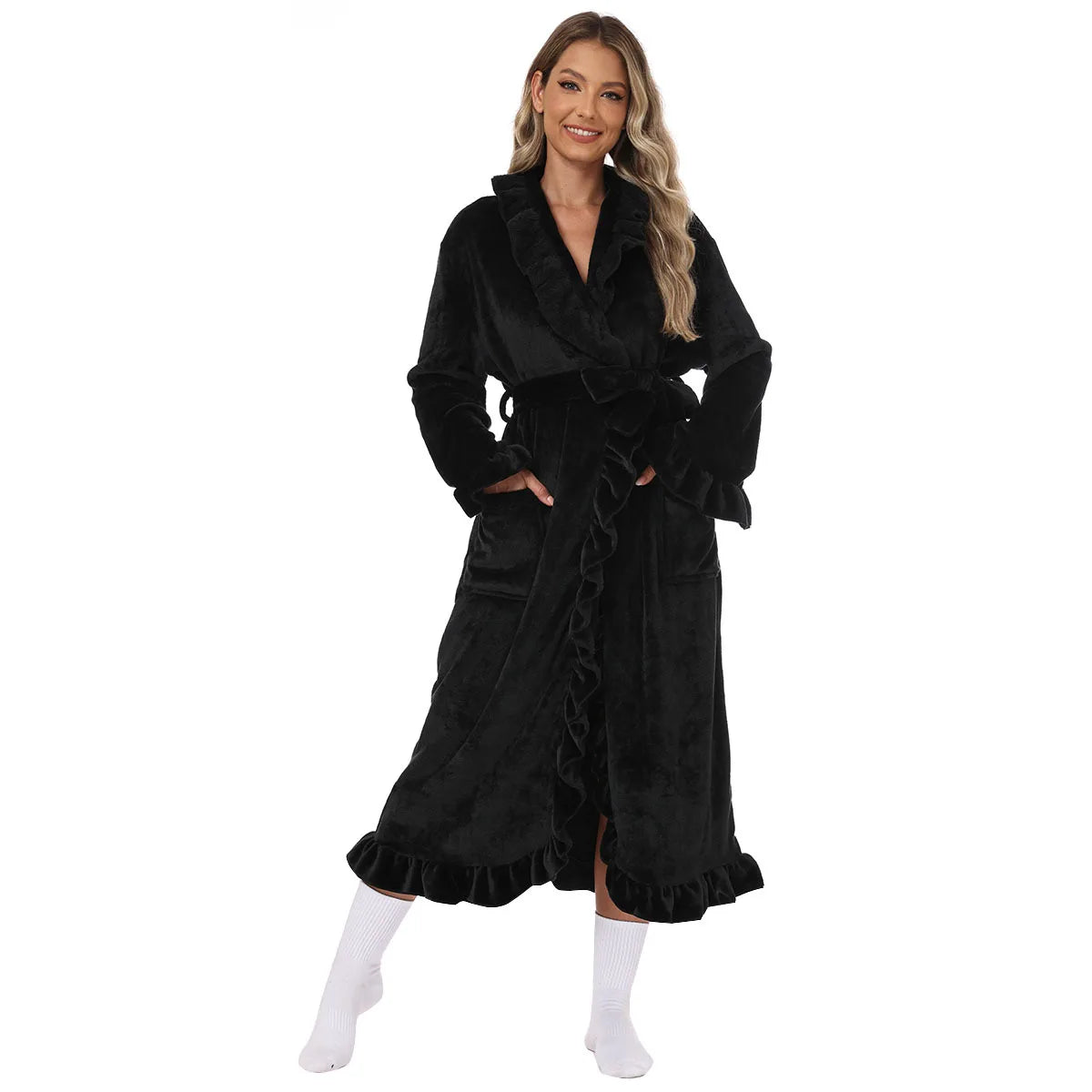 Women's Long Warm Robe Home Wear 2025 Autumn and Winter Coral Velvet Thickened Bathrobe Casual Soft Solid Lace Up Loungewear