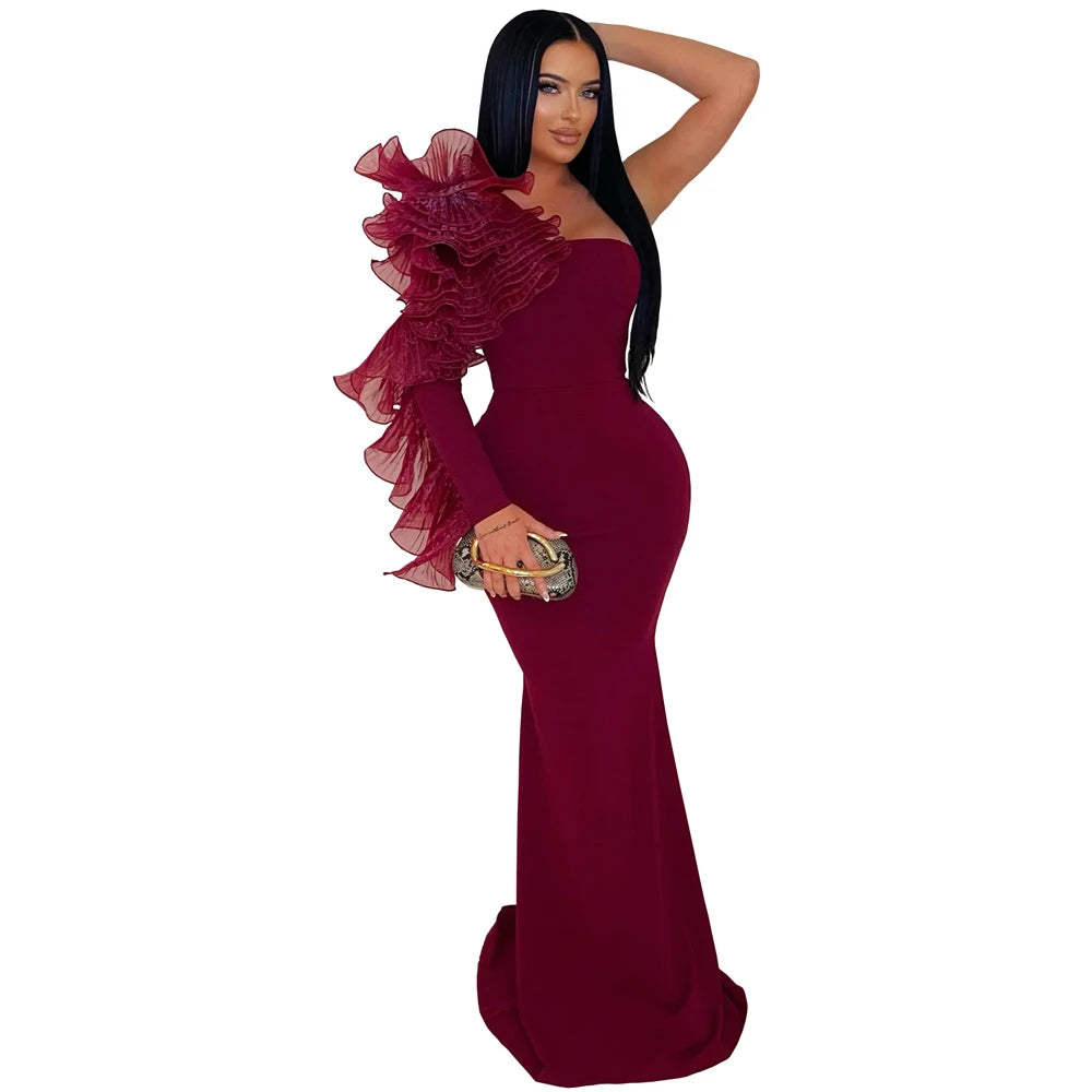 Elegant Women Long Gown Chic 3D Pleated Floral Sleeve Banquet Dress Slash One-Shoulder Asymmetry Slim Evening Dinner Dresses